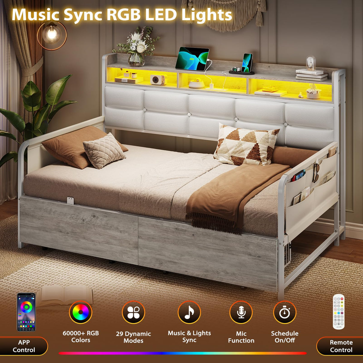 VIAGDO Daybed Twin Size with 2 Storage Drawers and Charging Station, Metal Day Bed Frame Twin with Shelf Headboard and LED Lights, Twin Corner Bed Frame for Living Room, Bedroom, Guest Room, White VIAGDO