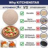 16" Pizza Stone for Oven & Grill with Handles - Natural Cordierite Baking Stone Set with SS Rack & Plastic Scraper (1500 °F Resistant, Round, Large) KitchenStar
