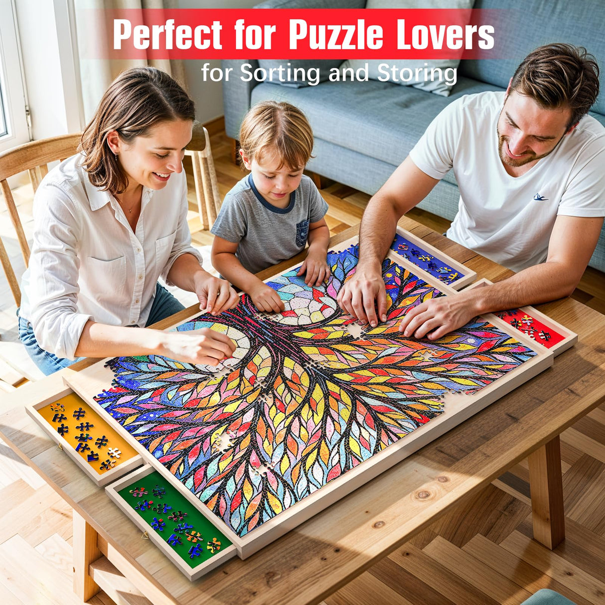 Puzzle Board with Drawers and Cover Rotatable 360-Degree Wheels 1000 Pieces Lightweight Portable Wooden Puzzle Table for Adults Kids 30'' x 22'' PETAZA