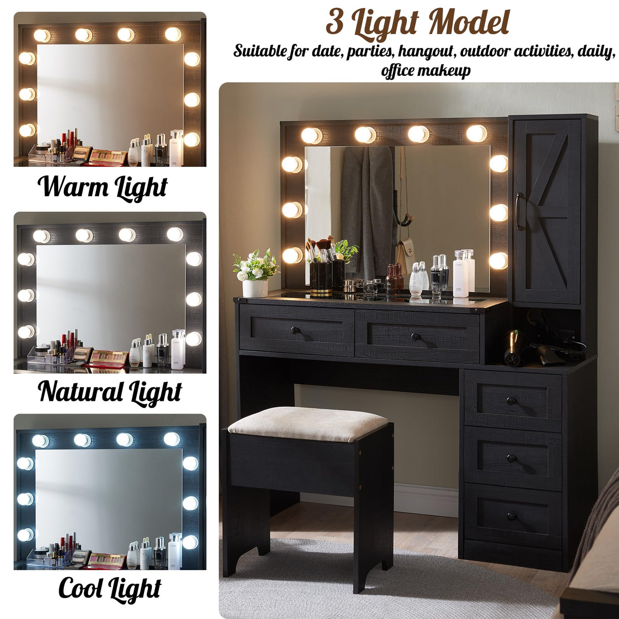 ACCOHOHO Farmhouse Vanity Desk with Mirror and Lights, 43" Wide Makeup Vanity with Glass Tabletop and Charging Station, Modern Vanity Table Set with Storage and Stool for Bedroom, Black ACCOHOHO