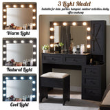 ACCOHOHO Farmhouse Vanity Desk with Mirror and Lights, 43" Wide Makeup Vanity with Glass Tabletop and Charging Station, Modern Vanity Table Set with Storage and Stool for Bedroom, Black ACCOHOHO