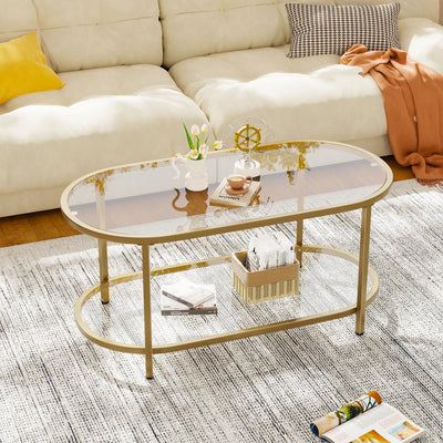 Wolawu Coffee Table Gold Oval Glass Table for Living Room,2 Tiers Oval Center Table with Sturdy Metal Frame, Modern Tempered Glass Tables for Bedroom Living Room Home Office