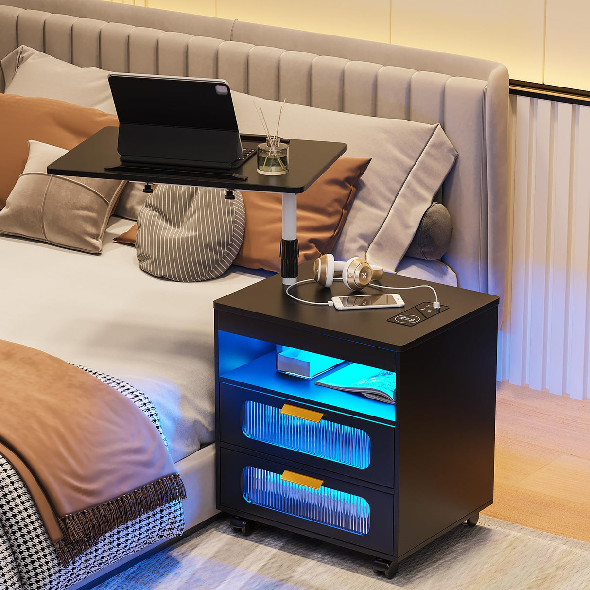 HNEBC Nightstand with Wireless Charging Station, LED Nightstand Has Adjustable Rotary Workstation,Smart Night Stand with 2 Drawers,Modern Bedside Table for Bedroom, Sensor Light/Wheel (Black) HNEBC