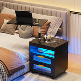 HNEBC Nightstand with Wireless Charging Station, LED Nightstand Has Adjustable Rotary Workstation,Smart Night Stand with 2 Drawers,Modern Bedside Table for Bedroom, Sensor Light/Wheel (Black) HNEBC