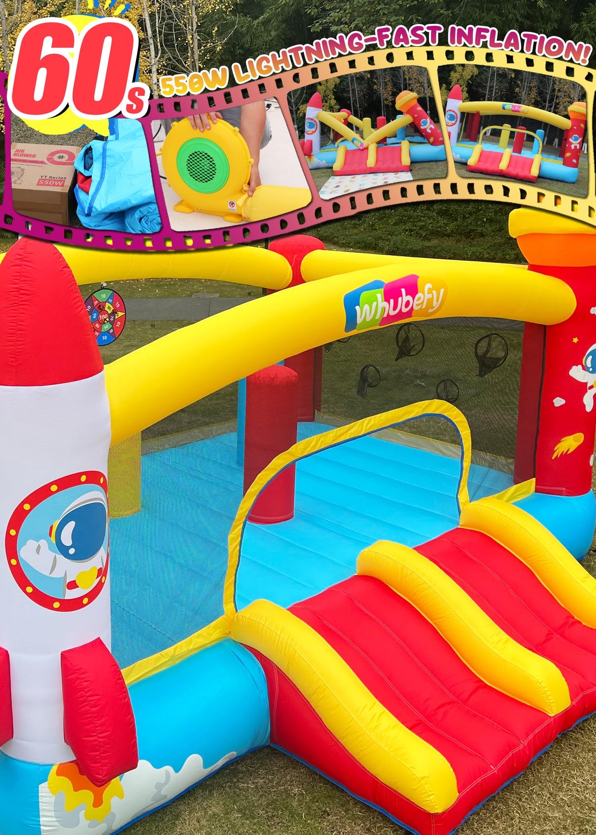 Whubefy Inflatable Bounce House for Big Kids 3-12 with Double Racing Slide & 3 Punching Bag Obstacle Course | Large Space Rocket Blow Up Bouncy Castle 13.1x11.2x7.1ft w/Blower, Indoor Outdoor Fun 8-12 Whubefy