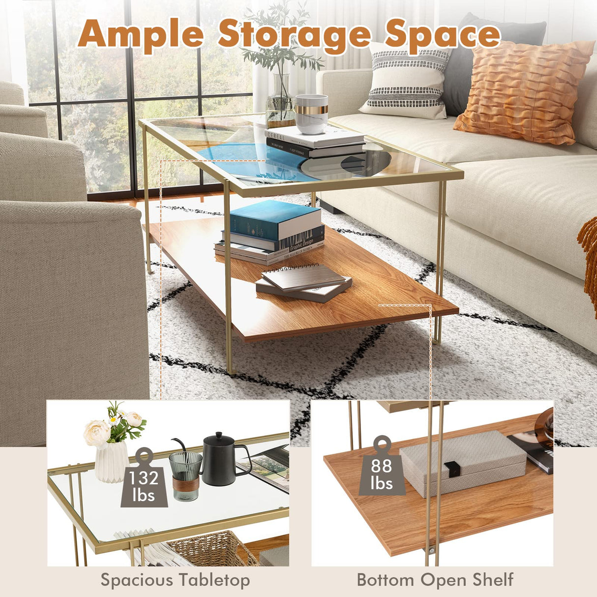 Tangkula Glass Coffee Table, 40In Mid Century 2 Tier Rectangle Coffee Table, Tempered Glass Top & Wood Storage Shelf, Steel Frame, Adjustable Feet, Modern Cocktail Accent Table for Living Room (Gold) Tangkula