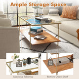 Tangkula Glass Coffee Table, 40In Mid Century 2 Tier Rectangle Coffee Table, Tempered Glass Top & Wood Storage Shelf, Steel Frame, Adjustable Feet, Modern Cocktail Accent Table for Living Room (Gold) Tangkula