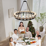 WOGON WEEL Wagon Wheel Chandelier 48-Inch 24-Light, Black and Oak Wood Tone Finish Round Rustic Farmhouse Chandelier Extra Large for High Ceilings, Living Room Foyer WOGON WEEL