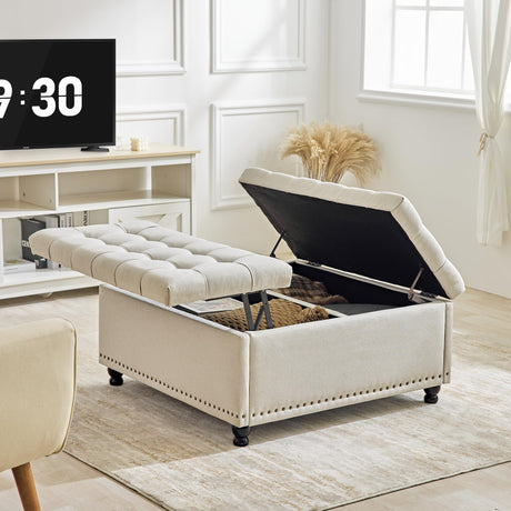 Redlife 35 Inch Large Square Storage Ottoman Bench, Storage Ottoman Coffee Table Large Square Ottoman with Storage Lift Top Tufted Storage Ottoman for Living Room (Beige) Redlifeᅟᅠ