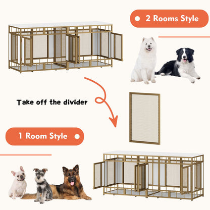 DAWNSPACES Furniture Dog Crate, 71" Heavy Duty Wood Dog Cage Kennel House Furniture with a Removable Divider, Indoor Dog Crate Table TV Stand with Double Doors for Large Medium Breed Dogs, White