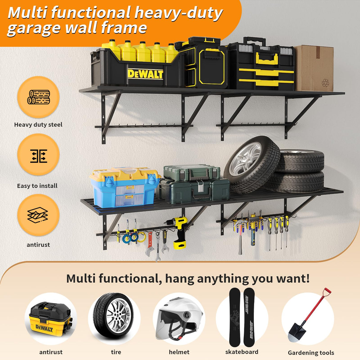 MKZYO Garage Wall Mounted Shelf,Heavy Duty Wall Shelving,Garage Storage Rack with Hooks,Sturdy Shelving,Shelves Organizer with Power Tools Hanger (Black, 35.43×19.68in*2) MKZYO