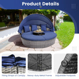 RELAX4LIFE Round Outdoor Daybed with Canopy, Rattan Wicker Sectional Sofa Set w/Cushions, Height Adjustable Table, Conversation Bed Lounger Separated Seating for Outside Pool, Patio Daybed (Navy) RELAX4LIFE