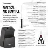 Farberware 15-Piece High-Carbon Stamped Stainless Steel Kitchen Knife Set with Wood Block, Steak Knives, Razor-Sharp, Black, Ultra-Sharp Blades, Ergonomic Comfort Grip Farberware