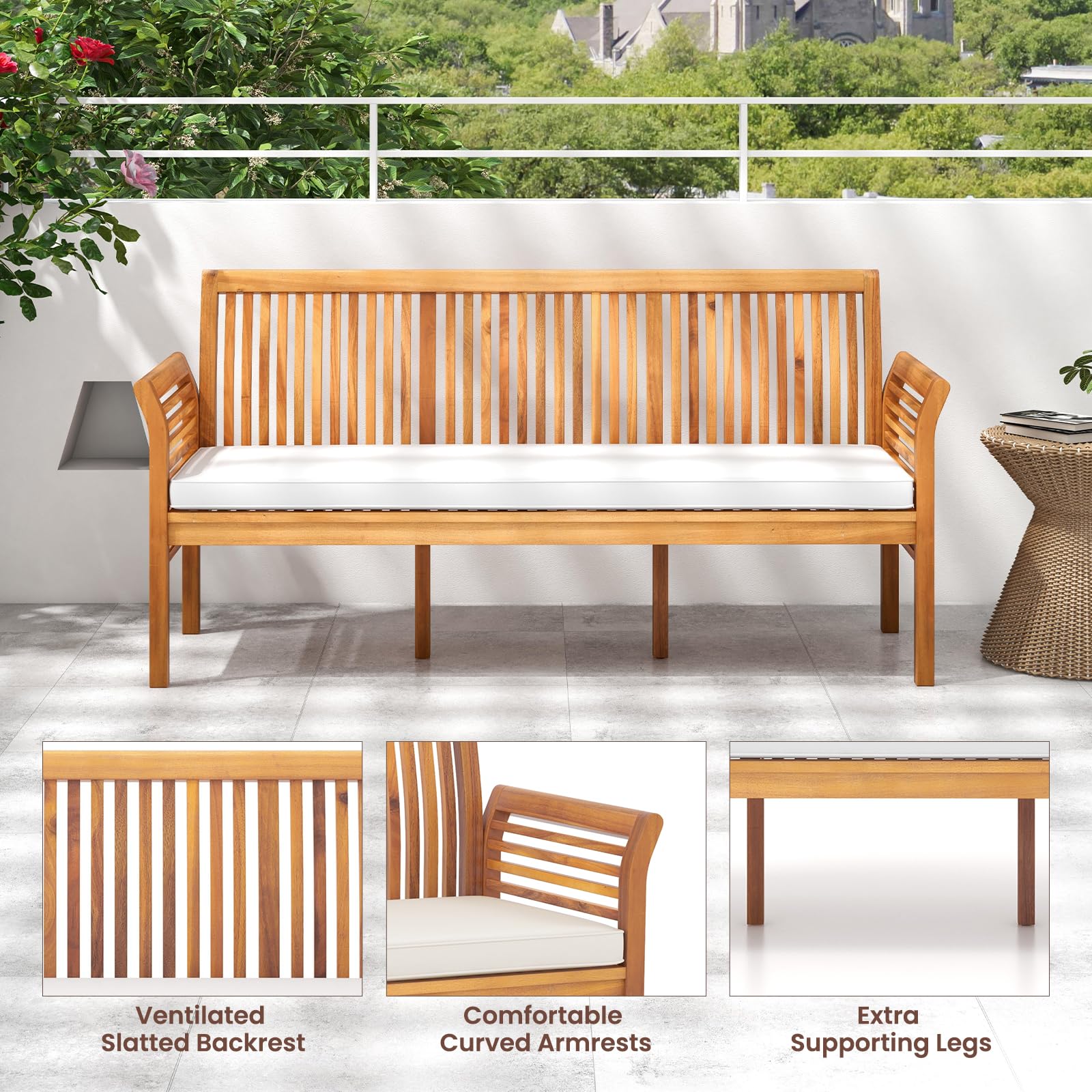 RELAX4LIFE 62.5’’ Outdoor Bench Acacia Wood - 3-Person Patio Bench w/Backrest, Armrests & Removable Seat Cushion, Slatted Wooden Garden Bench for Front Porch Park Backyard, 1200 LBS Weight Ca - WoodArtSupply