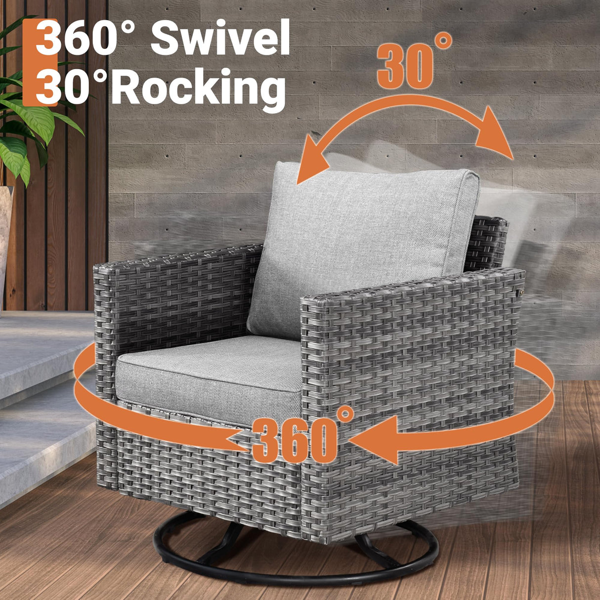 ovios Outdoor 9 Piece Coversation Set with Swivel Rocking Chair,Sectional Patio Furniture Set with All-Weather Wicker Sofa,Modern Outside Couch for Balcony Backyard Pool, Dark Grey ovios