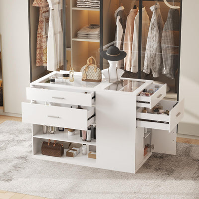 Maupvit Armoire Bedroom Closet Island with Glass Top, White Wardrobe Closet Island with 6 Drawers, Island Dresser with Display Shelf & Storage Cabinet, Walk in Closet Island for Bedroom