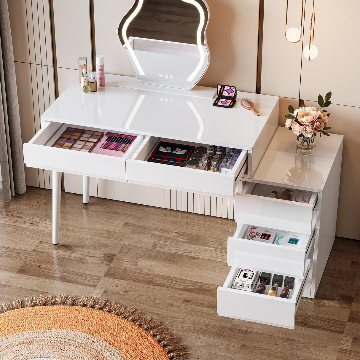 Tribesigns White Desk with 5 Drawers, High Gloss White Modern Home Office Desk with Storage Drawers and Printer Stand, Reversible Computer Desk Vanity Desk for Bedroom, Living Room Tribesigns