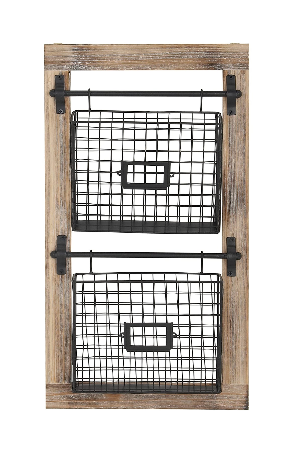 Deco 79 Wood Rectangle Magazine Rack Holder with Suspended Baskets and Label Slot, 14" x 4" x 25", Black Deco 79