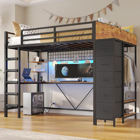VIAGDO Loft Bed Twin Size with Hall Tree, Charging Station and LED Lights, Metal Loft Bed with L-Shaped Desk, 5 Storage Drawers, Heavy Duty Twin Size Bed with Stairs, No Box Spring Needed, Black VIAGDO