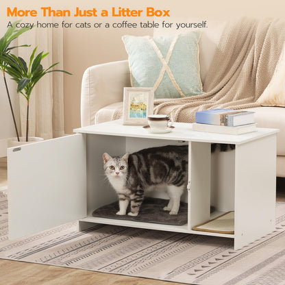 HOOBRO Cat Litter Box Enclosure with Rattan Door, Hidden Litter Box Furniture, Large Litter Box Enclosure with Adhesive Cat Scratching Mat, Coffee Table, 31.4" L x 17.7" W x 18.1" H, White WY18MW01