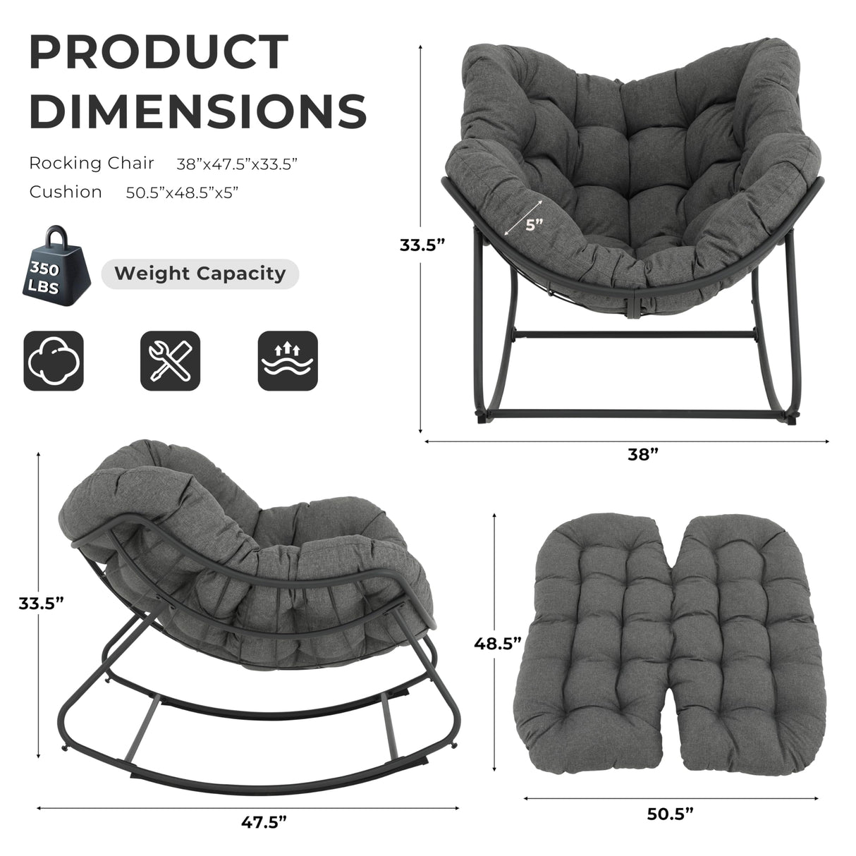GREEN MORE Patio Rocking Chair Oversized Indoor & Outdoor, Egg Rocking Chair Lounge with Padded Cushion and Metal Frame for Front Porch Patio Backyard GREEN MORE