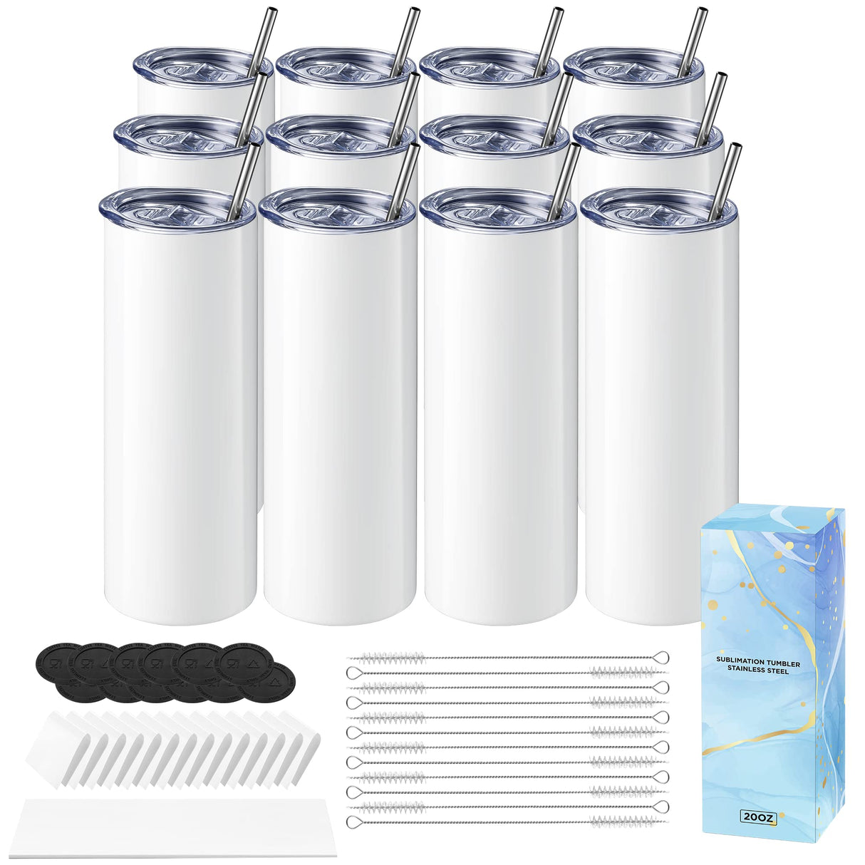 Hiipoo 12 Pack Sublimation Tumblers Blank 20 oz Straight Skinny with Sublimation Papers, Lids and Straws, Shrink Wrap Films, Stainless Steel Double Wall Insulated Tumbler for Mug Press Machine Hiipoo