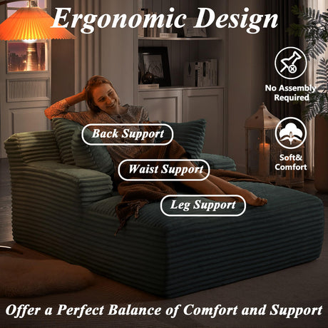 50" Boneless Couch, Oversized Chaise Lounge Sofa, Corduroy Chaise Lounge Chair Indoor with Comfy Pillows for Living Room Bedroom, Foam Filling, No Assembly (Dark Grey) Nahenduo