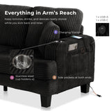 HOMES: Inside + Out Reese Modern Plush Chenille Couch with Side Pockets, Cup Holders and USB Ports, Wooden Comfortable Sofa for Living Room, Bedroom and Office, Black HOMES: INSIDE + OUT