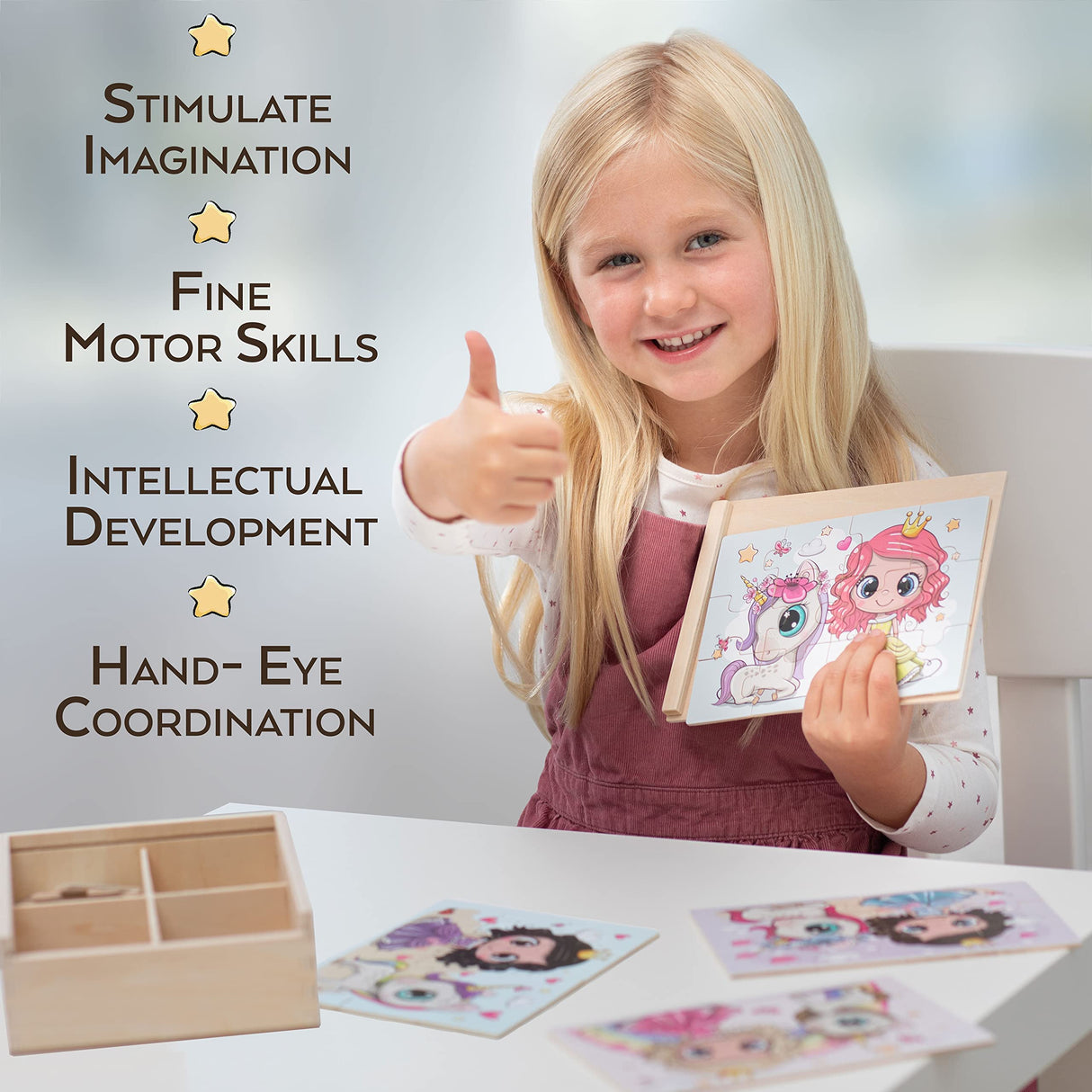 TOYLI 4-in-1 Princess Jigsaw Puzzles for Kids, Wood Puzzles for Kids Ages 3-5 48 Piece Wooden Puzzles for Toddlers 3-5, Wooden Puzzles for Toddlers, Essential Skills Gift for Girls Princesses TOYLI