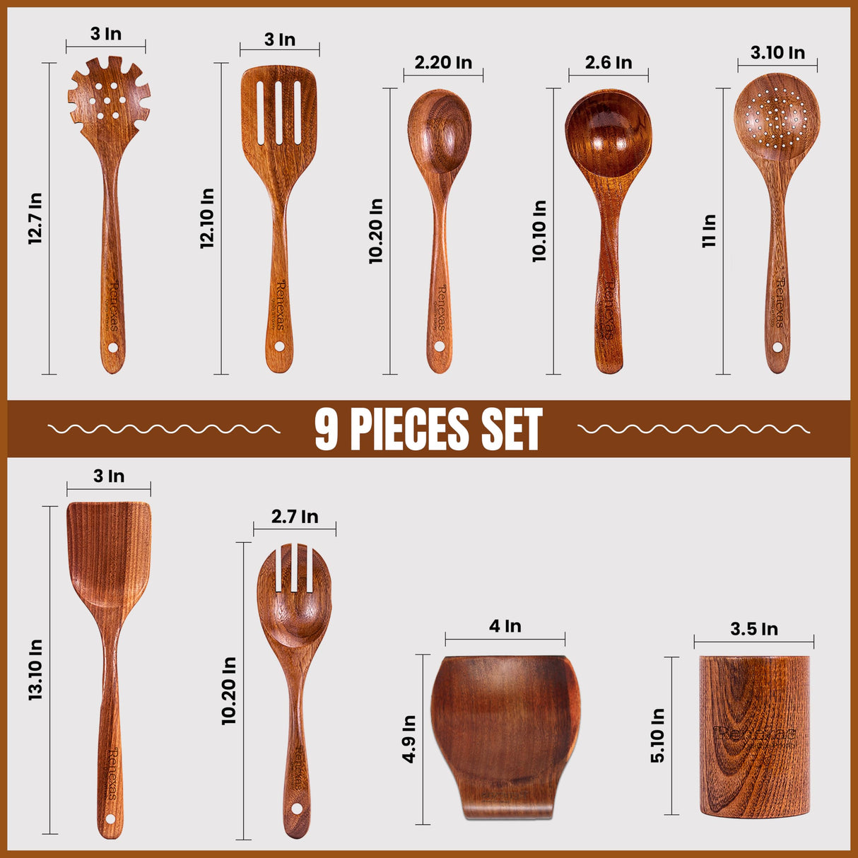 Renexas 9 Pcs Wooden Spoons for Cooking Utensils, Natural Teak Wooden Cooking Spoons with Nonstick Spatula Set, Bamboo Kitchen Utensils With Holder, Wood Spoon Set for Kitchen Essentials Renexas