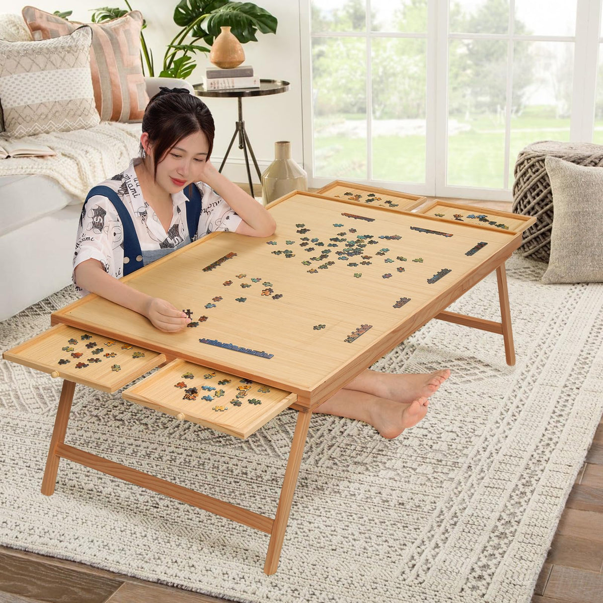 2000 Piece Portable Puzzle Table with Folding Legs, 41.3"X27.5" Wooden Jigsaw Puzzle Board with 4 Drawers & Cover, Family Multifunctional Folding Table for Adults and Kids TEAKMAMA