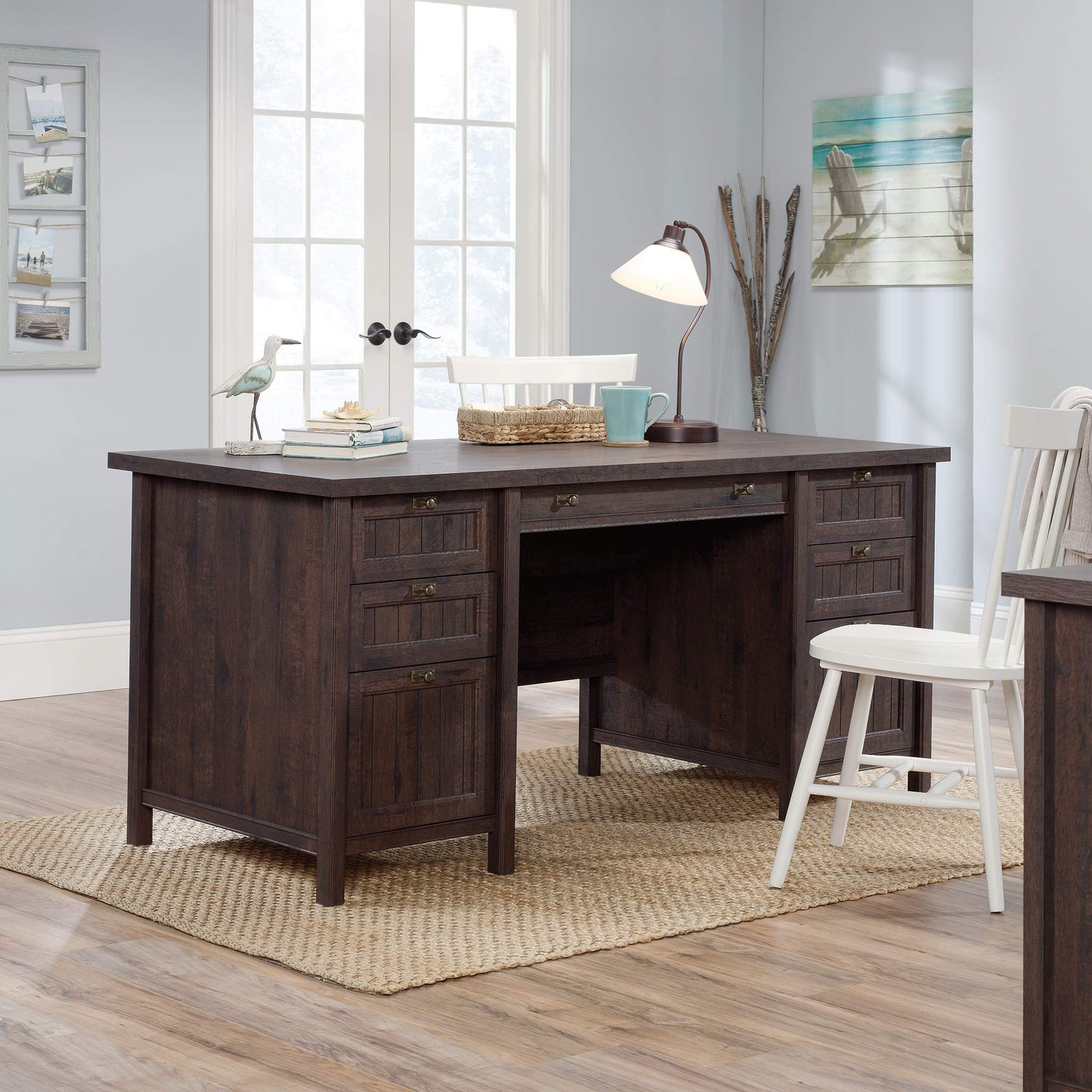 Sauder Costa Executive Desk, W 65.118 X D 29.528 X H 30.00, Coffee Oak finish - WoodArtSupply