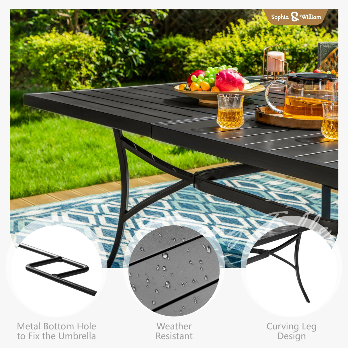 Sophia & William 9 Pieces Patio Dining Set for 8, 60" Large Square Patio Table and Rattan Chairs Set, All Weather Outdoor Dining Set, 8 People Metal Patio Table Set for Outside, Black Tabletop Sophia & William