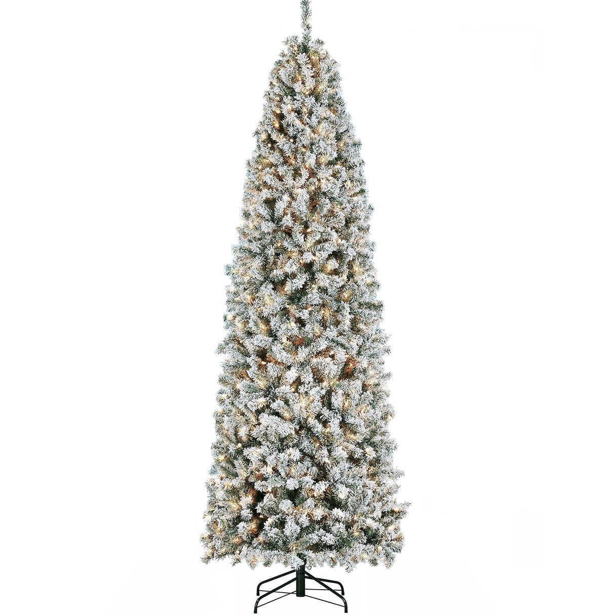 Yaheetech 9ft Pre-lit Snow Flocked Pencil Christmas Tree Kingswood Fir Hinged Slim Skinny Corner Xmas Tree Holiday Decoration with 350 Incandescent Warm White Lights & 1086 Snow Branch Tips, White Yaheetech