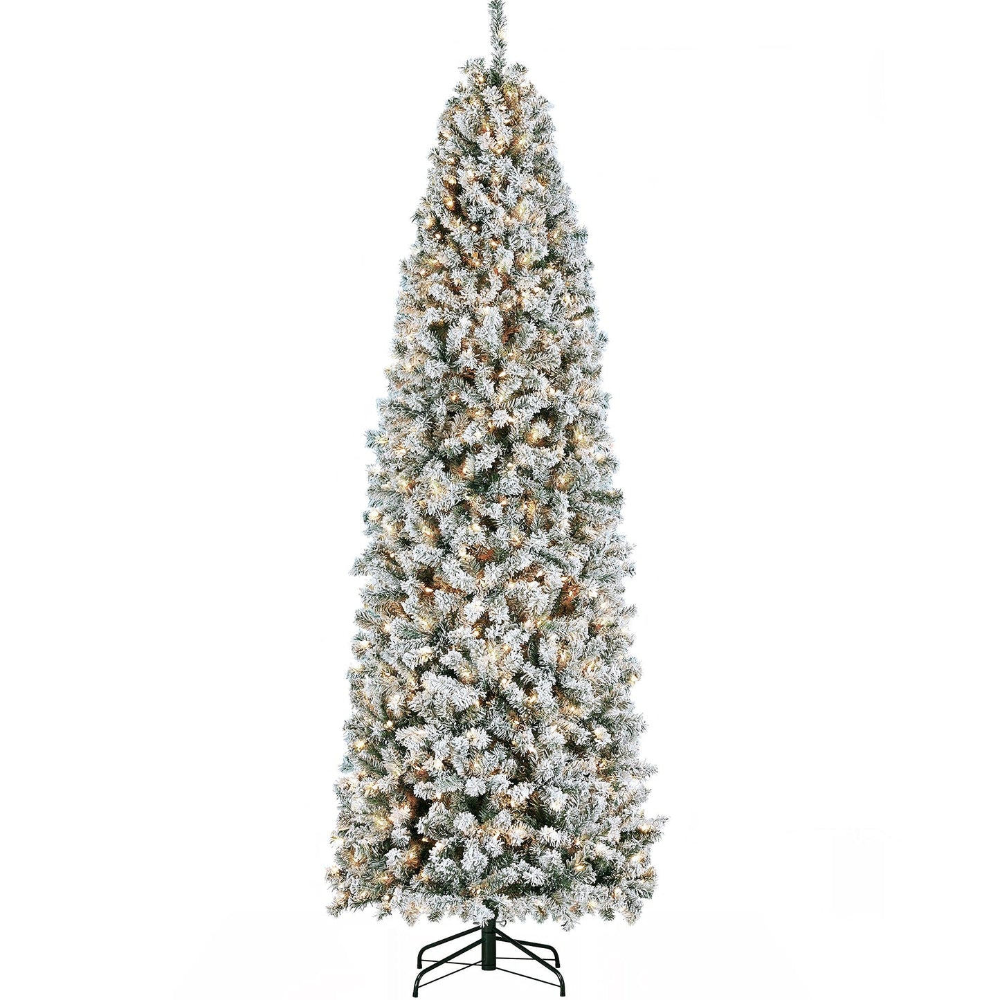 Yaheetech 9ft Pre-lit Snow Flocked Pencil Christmas Tree Kingswood Fir Hinged Slim Skinny Corner Xmas Tree Holiday Decoration with 350 Incandescent Warm White Lights & 1086 Snow Branch Tips, White