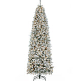 Yaheetech 9ft Pre-lit Snow Flocked Pencil Christmas Tree Kingswood Fir Hinged Slim Skinny Corner Xmas Tree Holiday Decoration with 350 Incandescent Warm White Lights & 1086 Snow Branch Tips, White Yaheetech