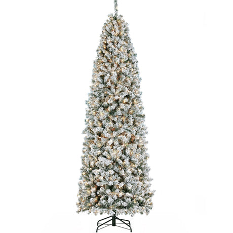 Yaheetech 9ft Pre-lit Snow Flocked Pencil Christmas Tree Kingswood Fir Hinged Slim Skinny Corner Xmas Tree Holiday Decoration with 350 Incandescent Warm White Lights & 1086 Snow Branch Tips, White Yaheetech