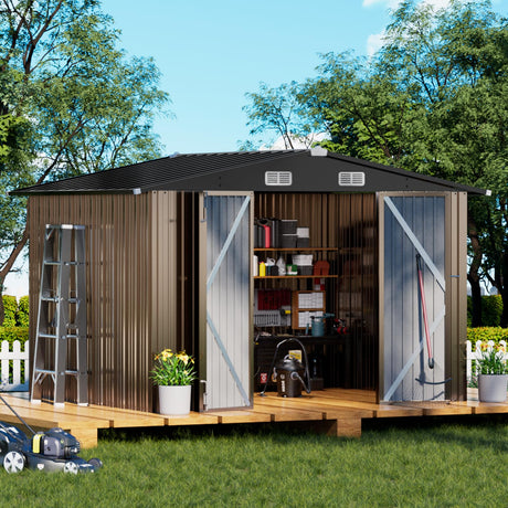COMHOMA Shed Outdoor Storage Shed Metal,Lockable Doors Tool Sheds with Sloping Roof,Steel Garden Shed with Air Vent for Backyard,Patio,Lawn,Poolside (Brown, 10'x8') COMHOMA