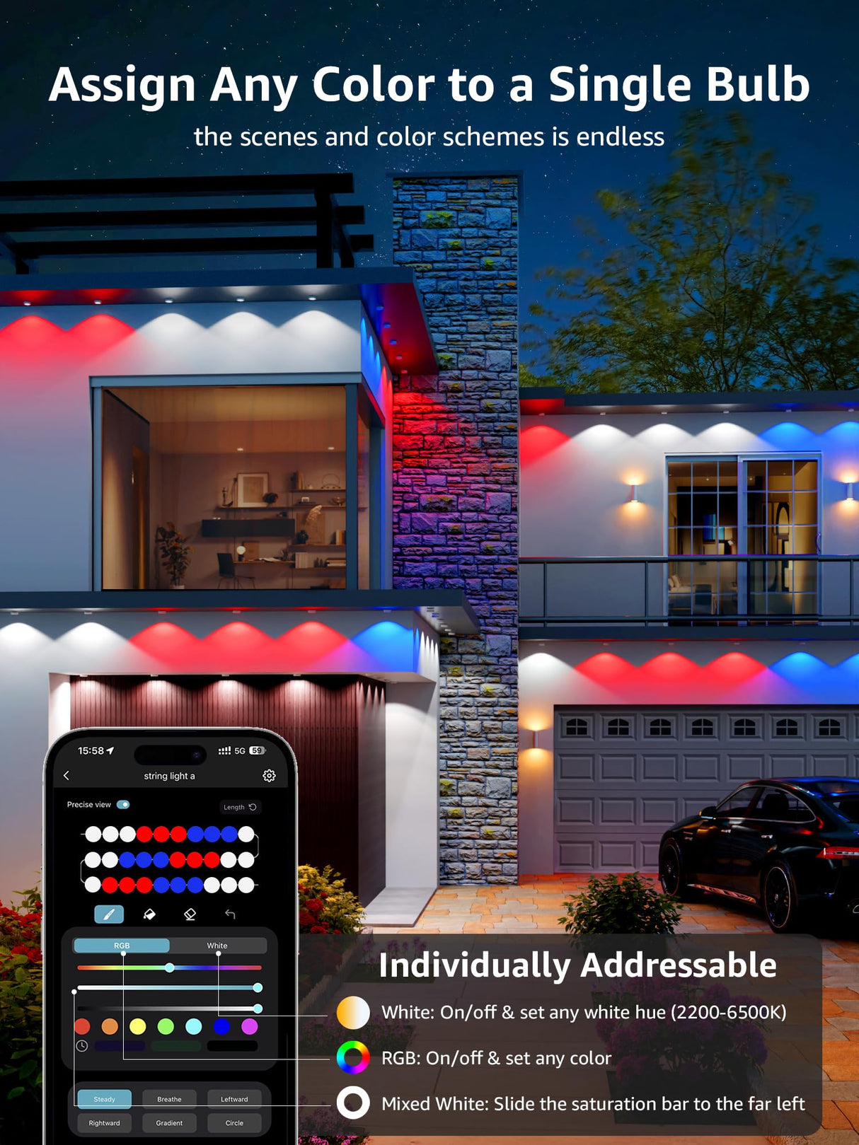Lepro E1 AI Permanent Outdoor Lights APP Control, 150ft 90 LED Smart RGB+IC+Warm/Cool White House Eave Lights for Halloween Christmas, Alexa Google Enabled 2.4 GHz WiFi/Bluetooth, NO Remote Controller Lepro