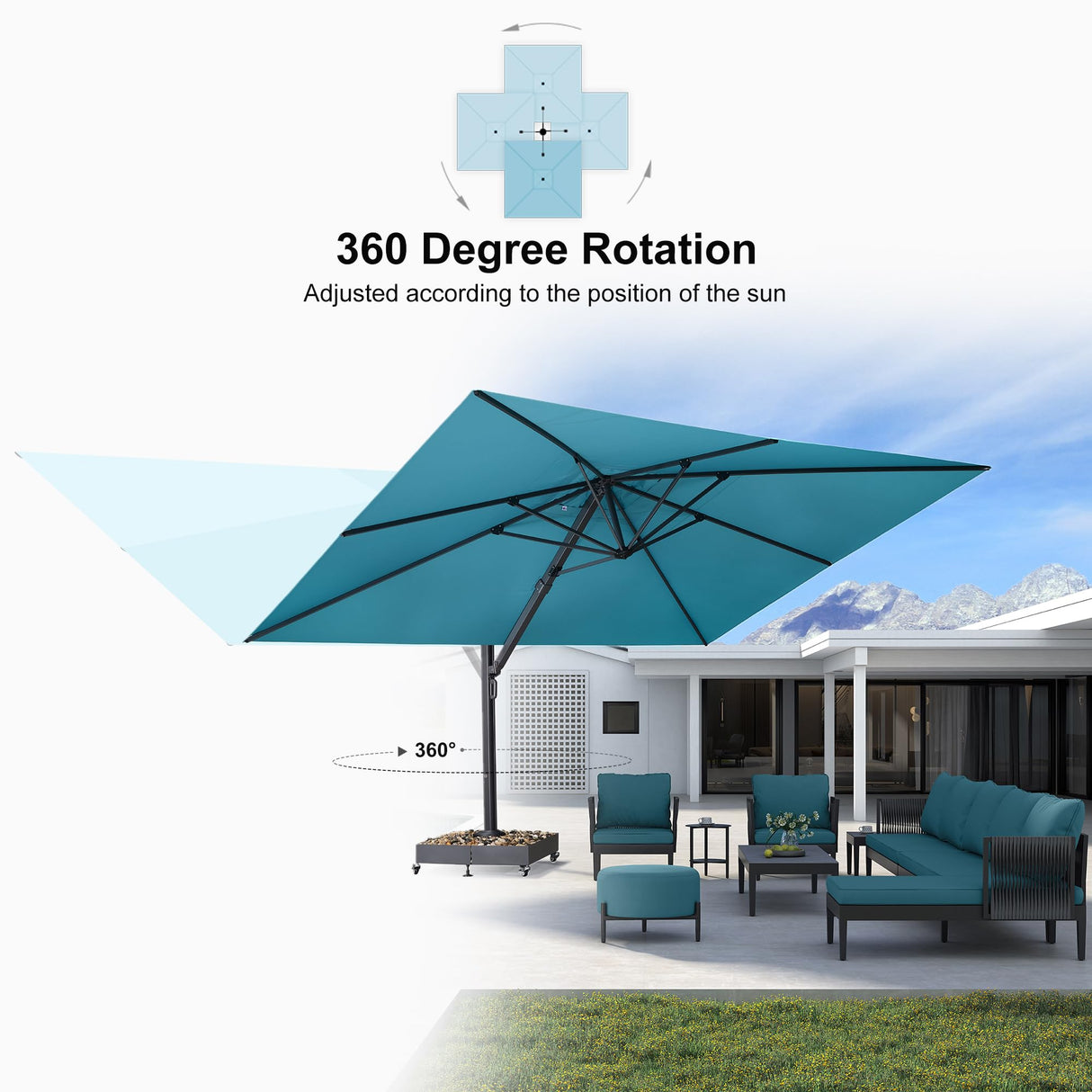 PURPLE LEAF 11' X 15' Rectangle Patio Umbrella Large Outdoor Aluminum Umbrella Offset Umbrella with 360-degree Rotation Cantilever Umbrella for Garden Deck Backyard Pool Turquiose Blue PURPLE LEAF