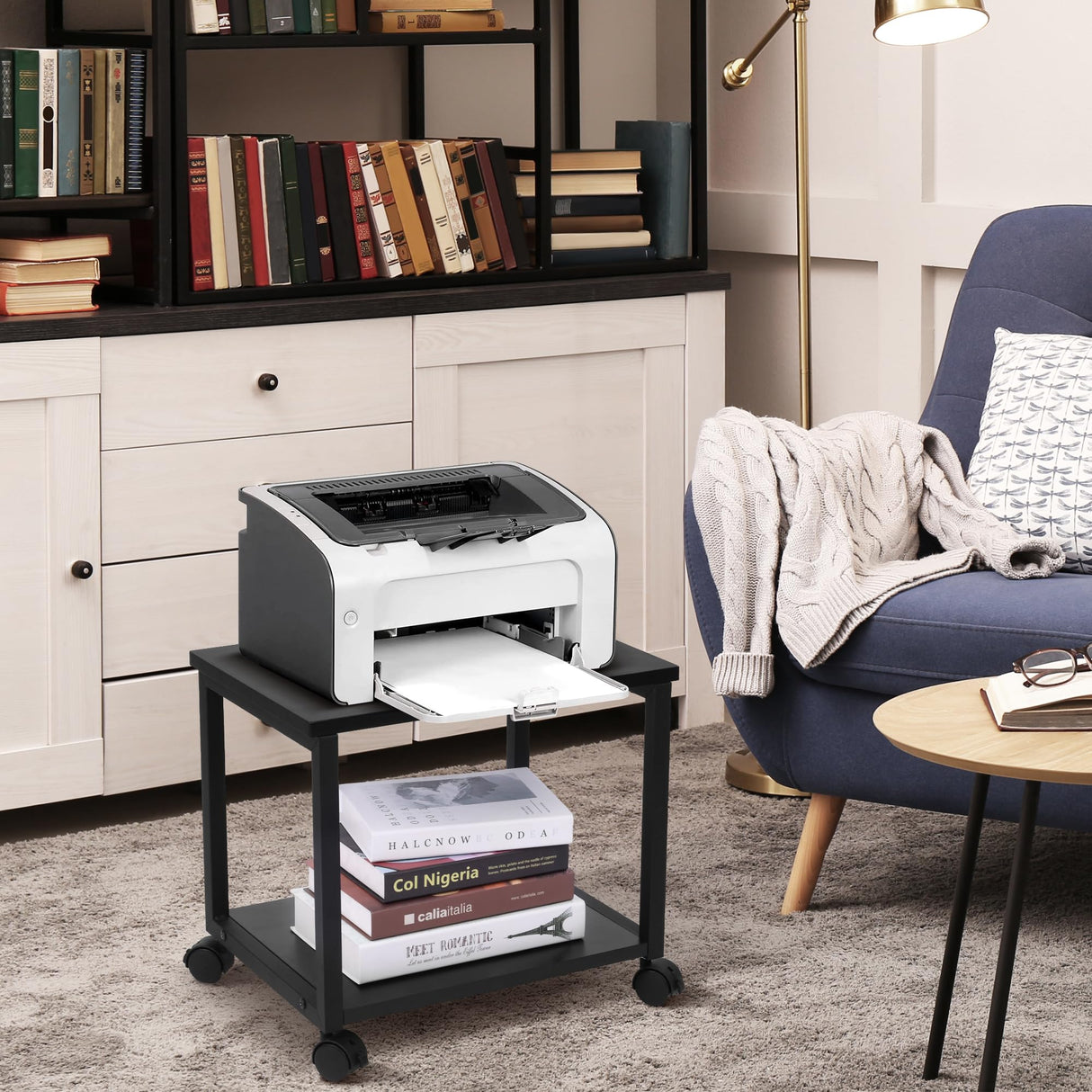 Cakokow Under Desk Printer Stand - 2-Tier Industrial Mobile Printer Table with Storage Shelf, Heavy Duty Wood Rolling Printer Cart with Wheels for Home and Office,Classic Black Cakokow