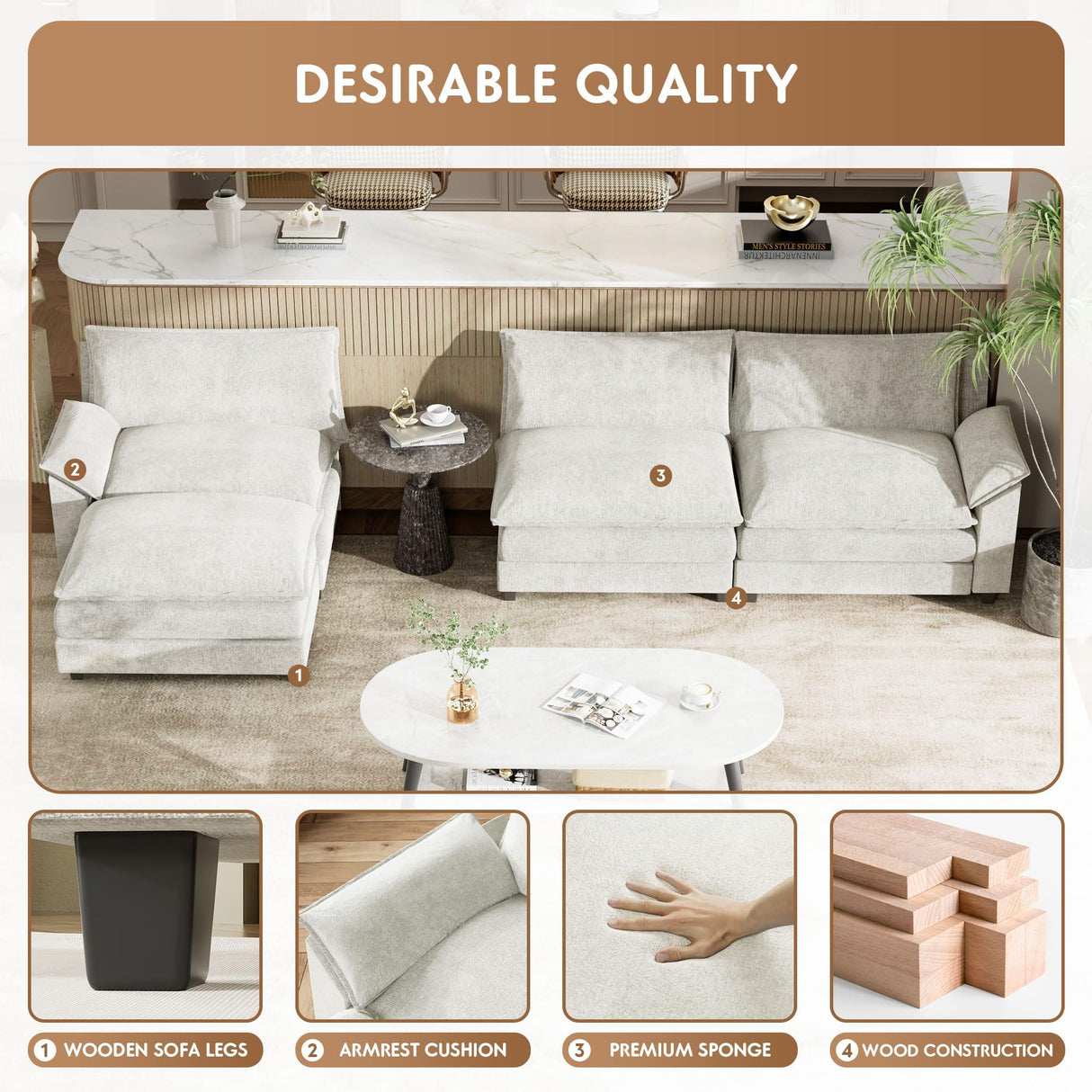 YESHOMY Sectional Modular Sofa L Shaped Chenille Fabric Couch with High Supportive & Soft Sponges and Removable Ottoman, Sleeper Comfy Upholstered Furniture for Living Room, White YESHOMY