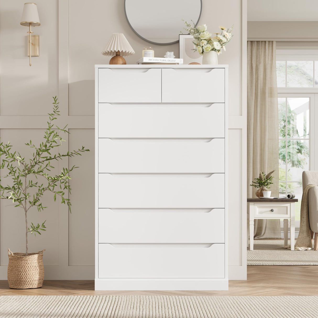 HITHOS 51" Tall 7 Drawers Dresser, Modern White Dresser, Wood Dressers & Chests of Drawers with Cut-Out Handles, Upright Drawer Chest, Accent Vertical Dressers for Living Room, White HITHOS