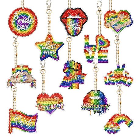EVECILOO 12 Pieces Rainbow DIY Diamond Key Chain, 5D Diamond Art Ornaments, Pride Month Key Chains, Diamond Art Painting Ornaments with Tray Drill Pen for Gay Pride & LGBTQ Party Gift EVECILOO