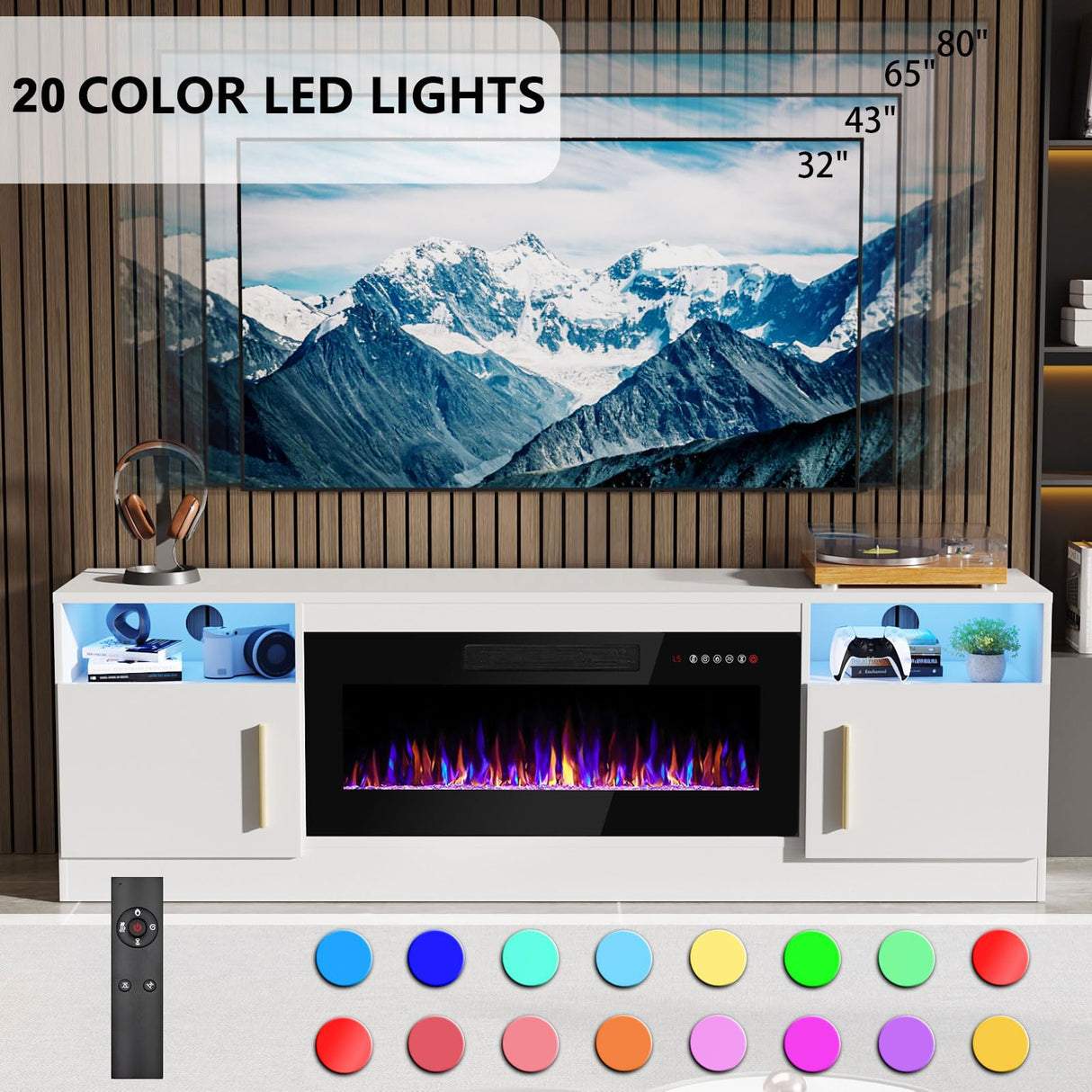 PRETZI Fireplace TV Stand with 36" Fireplace Up to 80" TVs,70" Entertainment Center with LED Lights,Remote Control,TV Media Console with Storage Cabinets for Living Room, White PRETZI