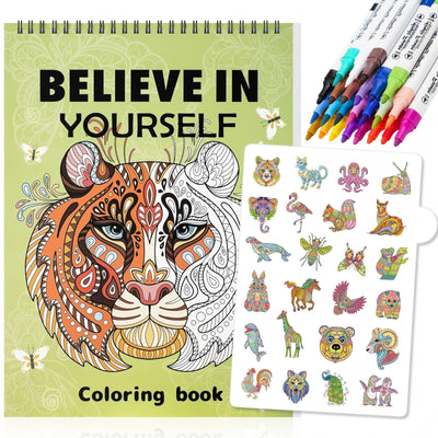 Adult Coloring Book Set,24 Colors Markers with Spiral Bound Adult Coloring Book for Women to Relaxation,Mindfulness and Anxiety Relief(Animal)