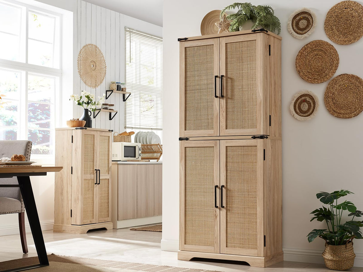 ACCOHOHO 72" Tall Kitchen Pantry with Rattan Doors, Storage Cabinet with Organizer, Drawer and Adjustable Shelves, Wood Cupboard for Kitchen, Dining Room, Bathroom and Hallway, Natural Oak ACCOHOHO
