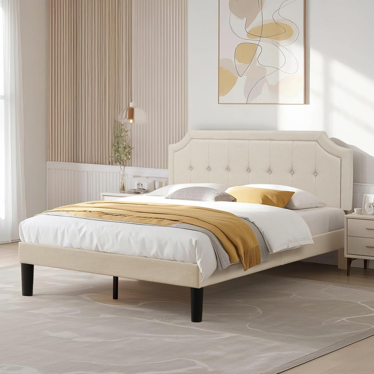 VECELO Queen Upholstered Platform Bed Frame with Adjustable Button Stitched Panel Headboard,Strong Wood Slat Support,Velcro Design,Mattress Foundation/Easy Assembly,Beige VECELO