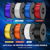 JAYO PLA+ Filament Bundle 1.75mm, 3D Printer Filament Bundle Multicolor, Individually Vacuum Packed, 250g Spool, 8 Pack, 2KG in Total, Black+White+Transparent+Clear(Blue+Red+Orange+Yellow+Purple) JAYO