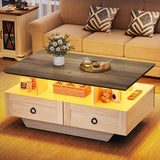 YITAHOME Farmhouse LED Coffee Table with Storage 4 Drawers, Wood Coffee Tables for Living Room, 2 Tiers Open Display Area with Metal Chic Handles, Industrial Cocktail Center Table, Brown and Oak YITAHOME